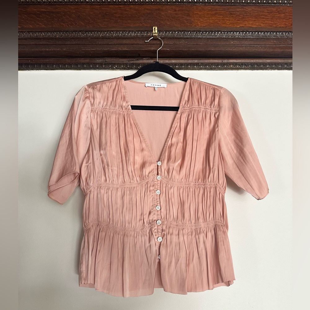Frame Ruched Blush Button-Up Blouse